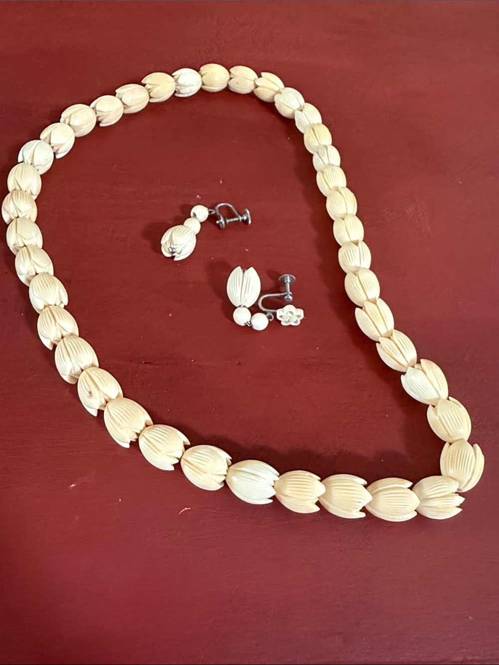Vintage Bovine Bone Bead Necklace with Matching Clip-On Earrings